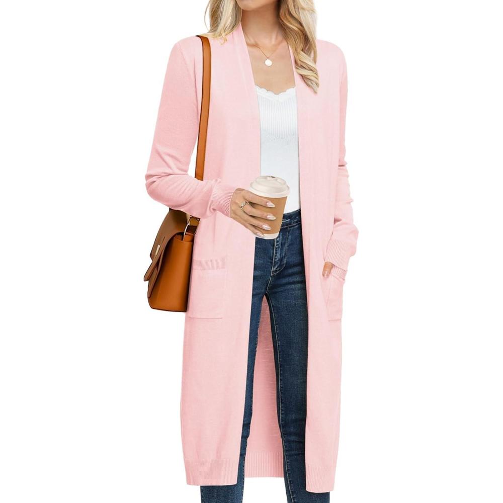 imageGRACE KARIN Womens 2026 Trendy Long Cardigans Sweater Lightweight Open Front Long Sleeve Maxi Duster Coats with PocketsLight Pink