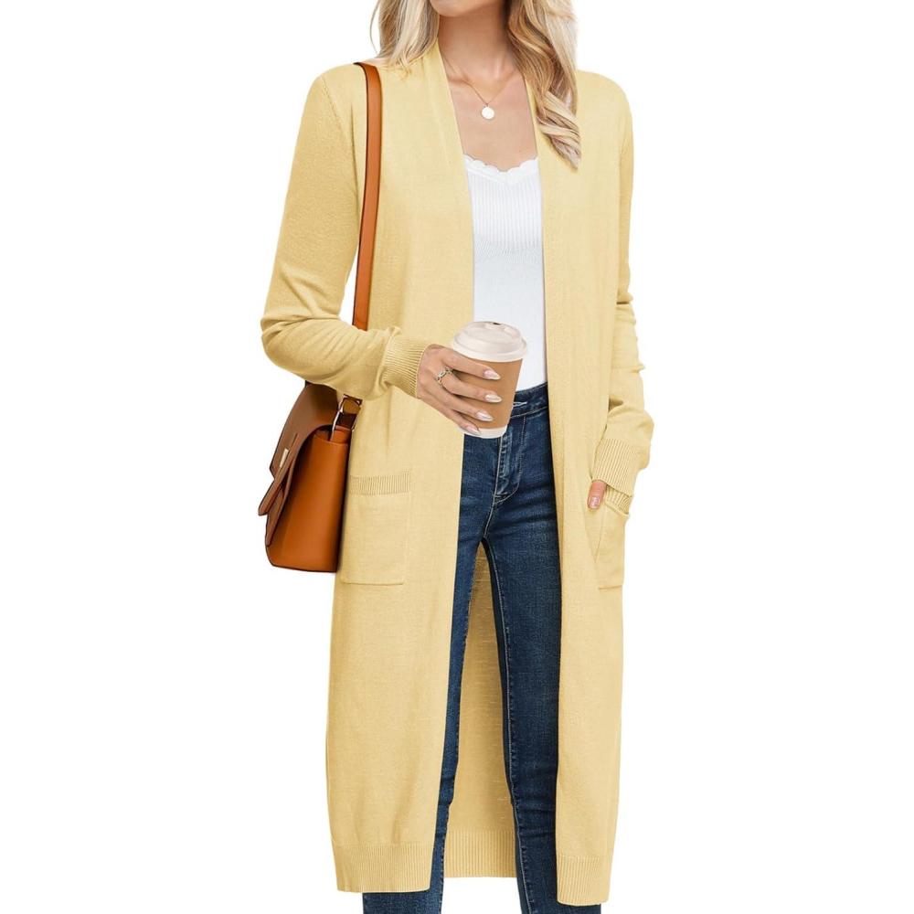 imageGRACE KARIN Womens 2026 Trendy Long Cardigans Sweater Lightweight Open Front Long Sleeve Maxi Duster Coats with PocketsLight Yellow