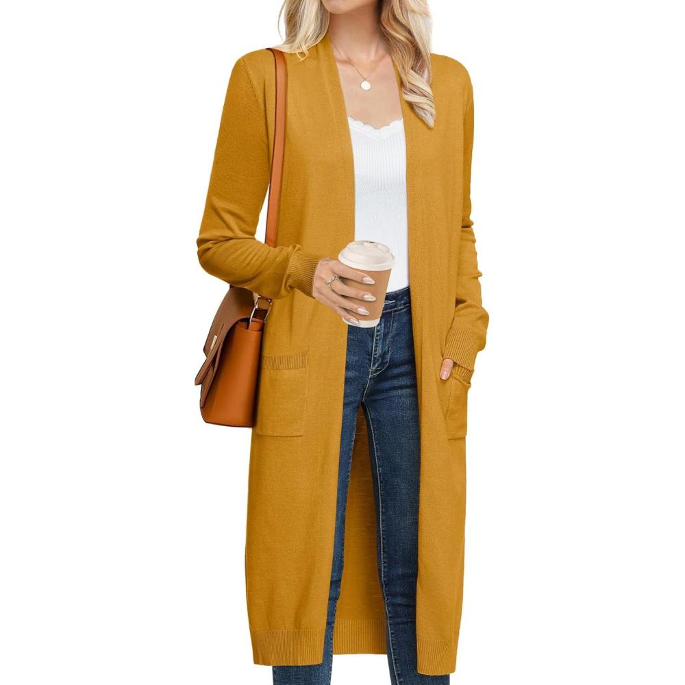 imageGRACE KARIN Womens 2026 Trendy Long Cardigans Sweater Lightweight Open Front Long Sleeve Maxi Duster Coats with PocketsMustard