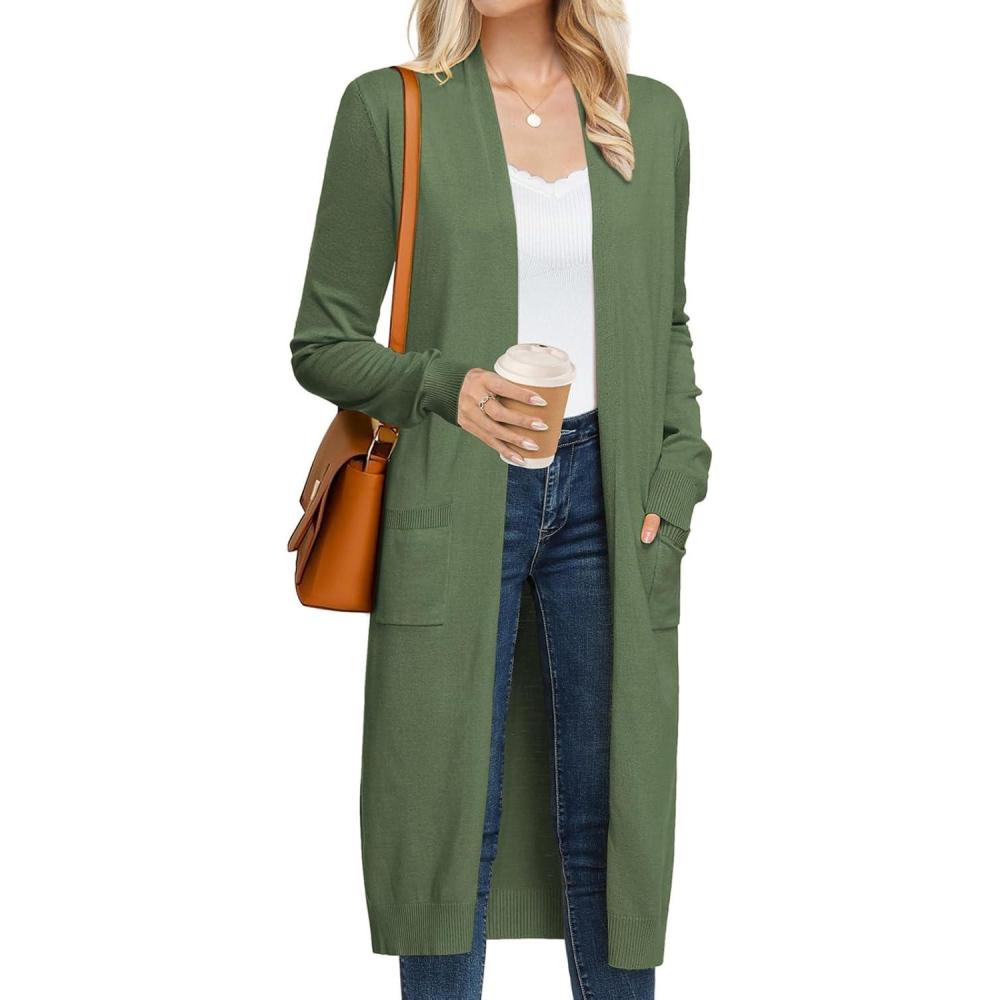 imageGRACE KARIN Womens 2026 Trendy Long Cardigans Sweater Lightweight Open Front Long Sleeve Maxi Duster Coats with PocketsOlive Green