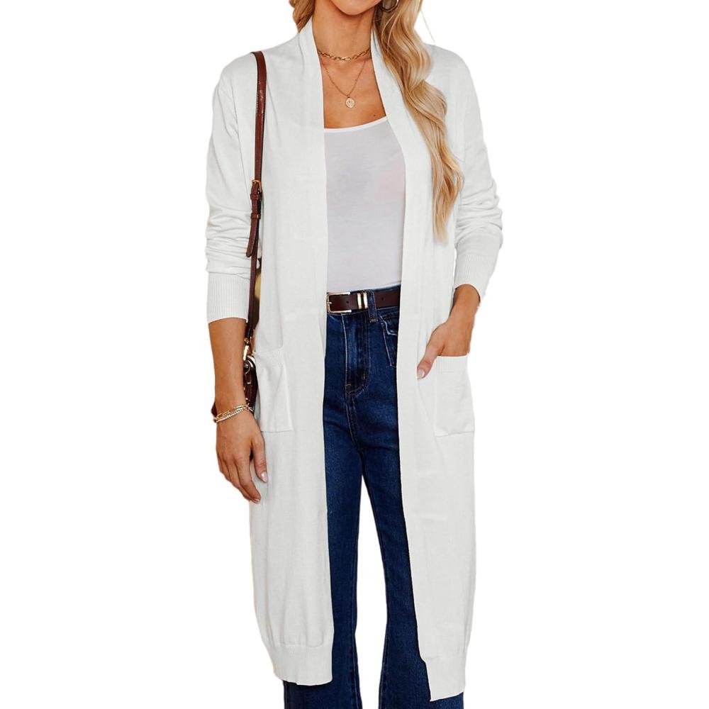 imageGRACE KARIN Womens 2026 Trendy Long Cardigans Sweater Lightweight Open Front Long Sleeve Maxi Duster Coats with PocketsWhite