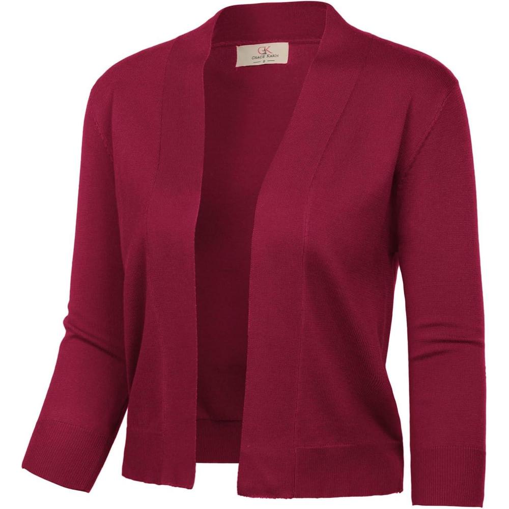 imageGRACE KARIN Womens 34 Sleeve Knit Cropped Cardigan Sweaters Open Front Bolero Shrugs Sweater Tops S3XLBurgundy