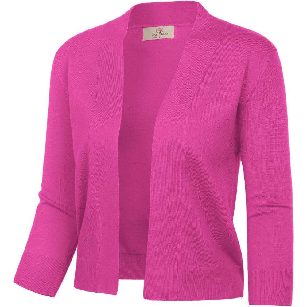 imageGRACE KARIN Womens 34 Sleeve Knit Cropped Cardigan Sweaters Open Front Bolero Shrugs Sweater Tops S3XLHot Pink