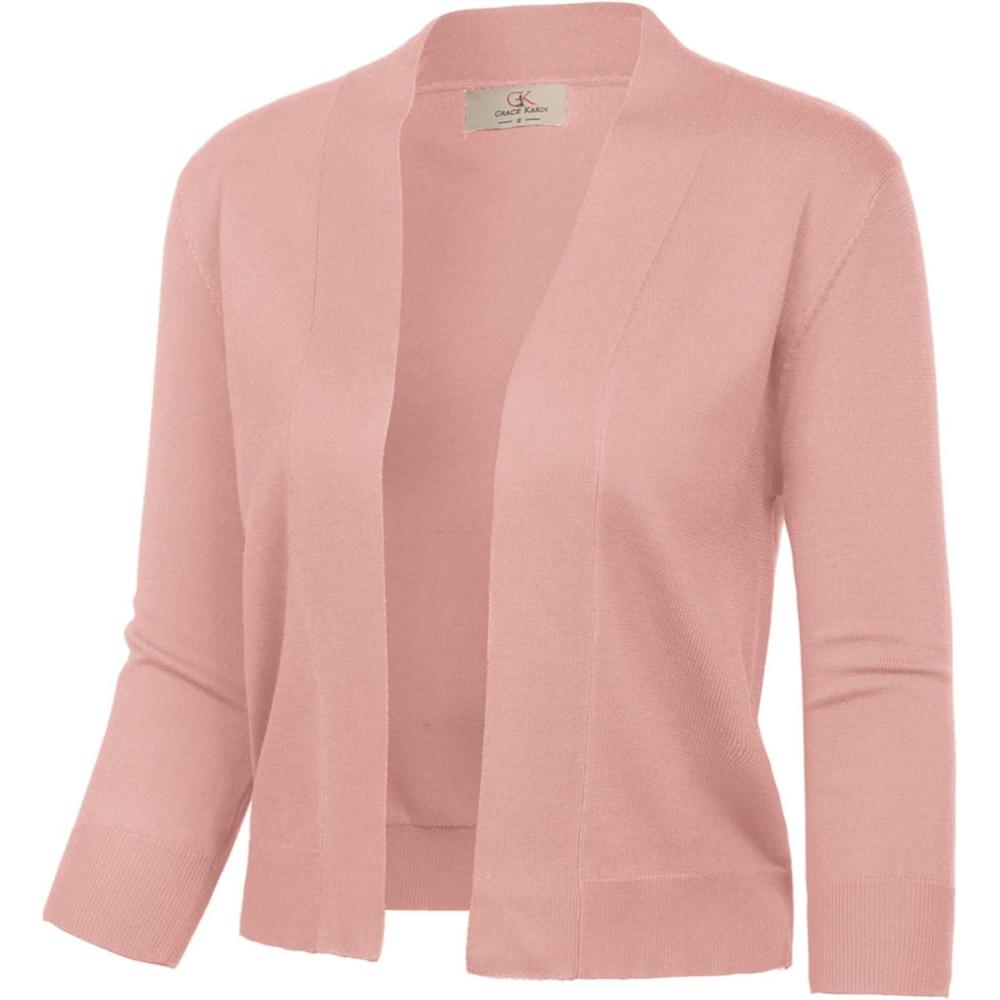 imageGRACE KARIN Womens 34 Sleeve Knit Cropped Cardigan Sweaters Open Front Bolero Shrugs Sweater Tops S3XLLight Pink