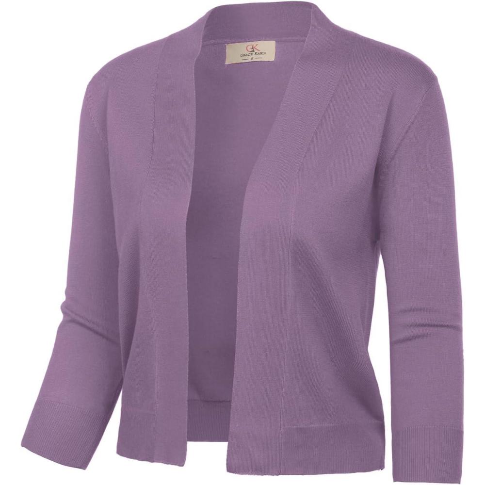 imageGRACE KARIN Womens 34 Sleeve Knit Cropped Cardigan Sweaters Open Front Bolero Shrugs Sweater Tops S3XLPurple