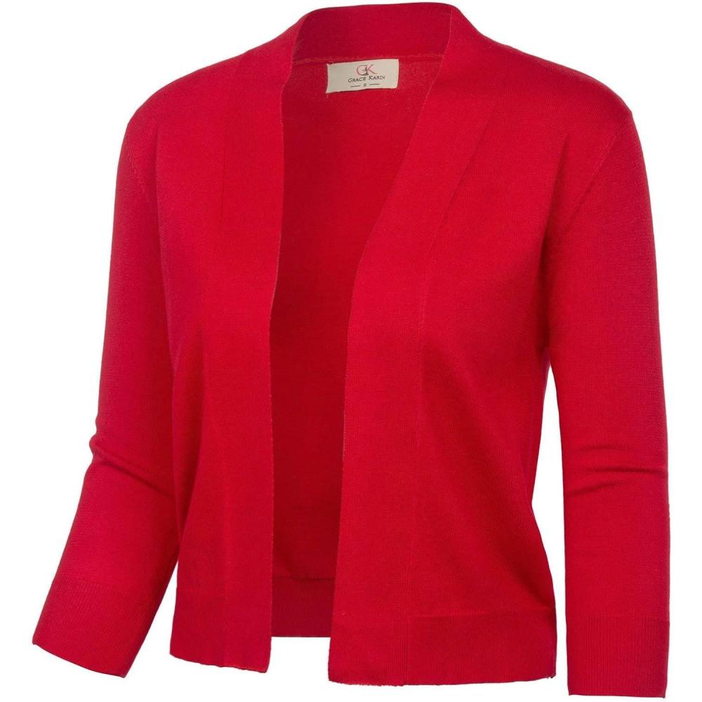 imageGRACE KARIN Womens 34 Sleeve Knit Cropped Cardigan Sweaters Open Front Bolero Shrugs Sweater Tops S3XLRed