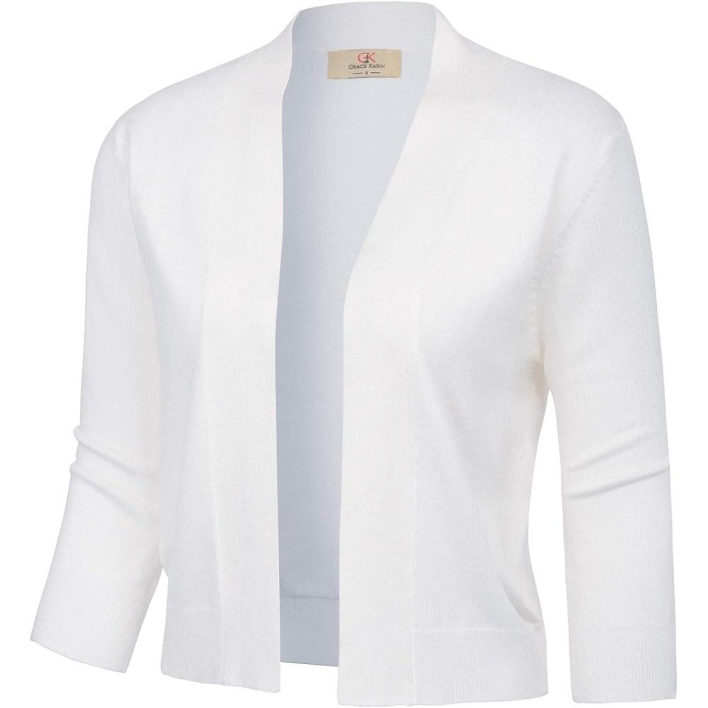 imageGRACE KARIN Womens 34 Sleeve Knit Cropped Cardigan Sweaters Open Front Bolero Shrugs Sweater Tops S3XLWhite