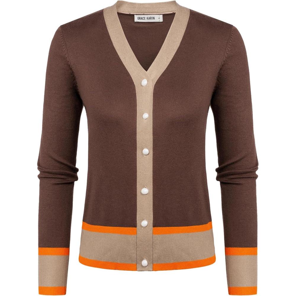 imageGRACE KARIN Womens Cardigan Sweaters Lightweight Long Sleeve Cropped Cardigan Spring Summer Fashion Clothing Outfits ShrugContrast Brown