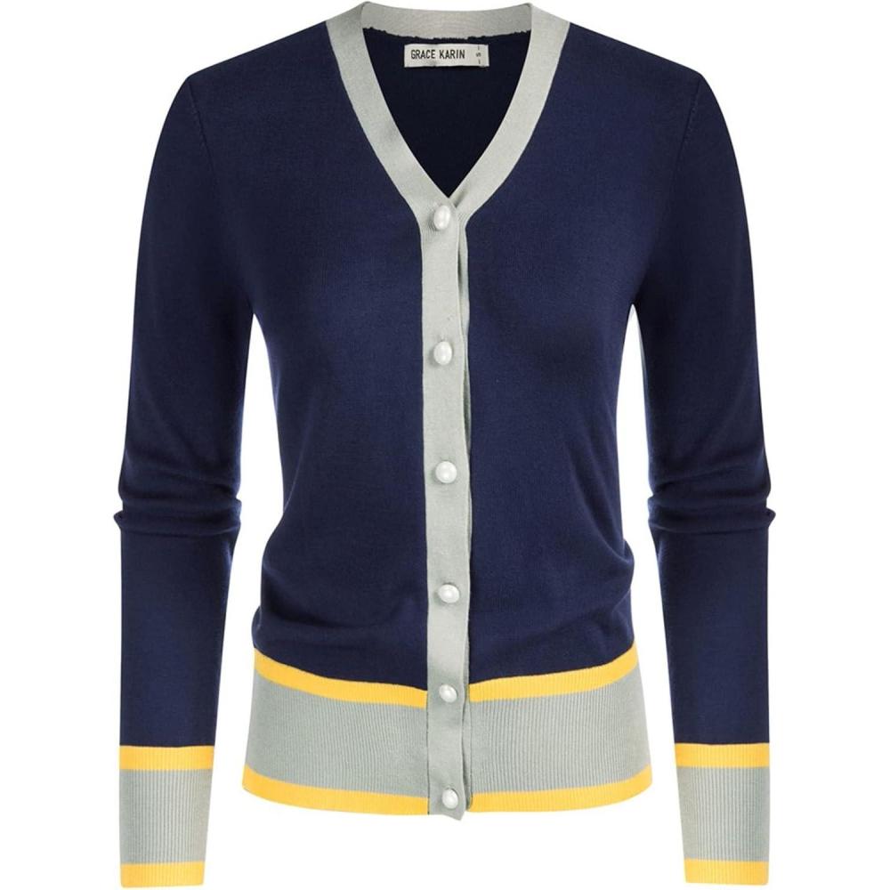 imageGRACE KARIN Womens Cardigan Sweaters Lightweight Long Sleeve Cropped Cardigan Spring Summer Fashion Clothing Outfits ShrugContrast Dark Blue
