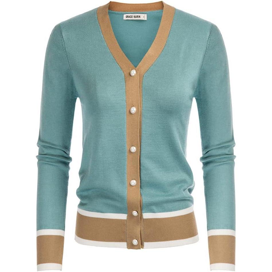 imageGRACE KARIN Womens Cardigan Sweaters Lightweight Long Sleeve Cropped Cardigan Spring Summer Fashion Clothing Outfits ShrugContrastblue