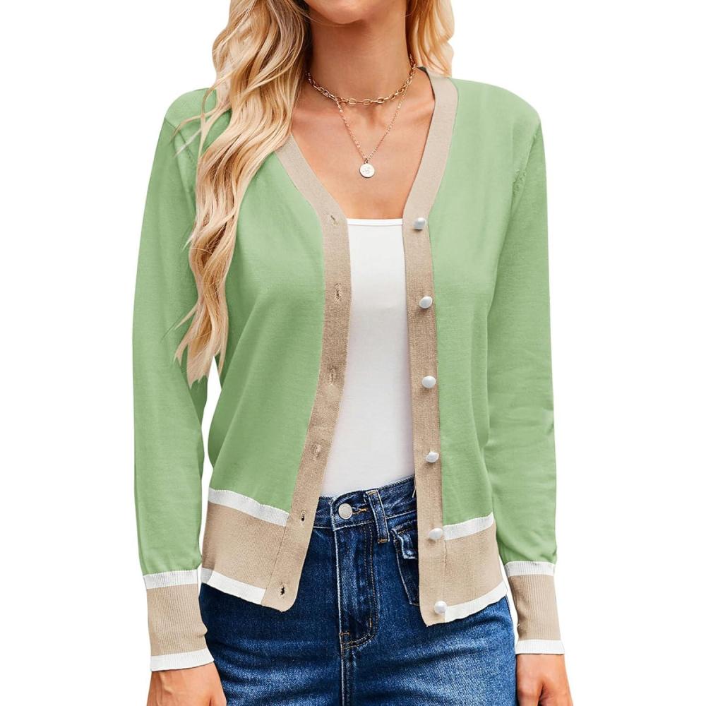 imageGRACE KARIN Womens Cardigan Sweaters Lightweight Long Sleeve Cropped Cardigan Spring Summer Fashion Clothing Outfits ShrugLight Green