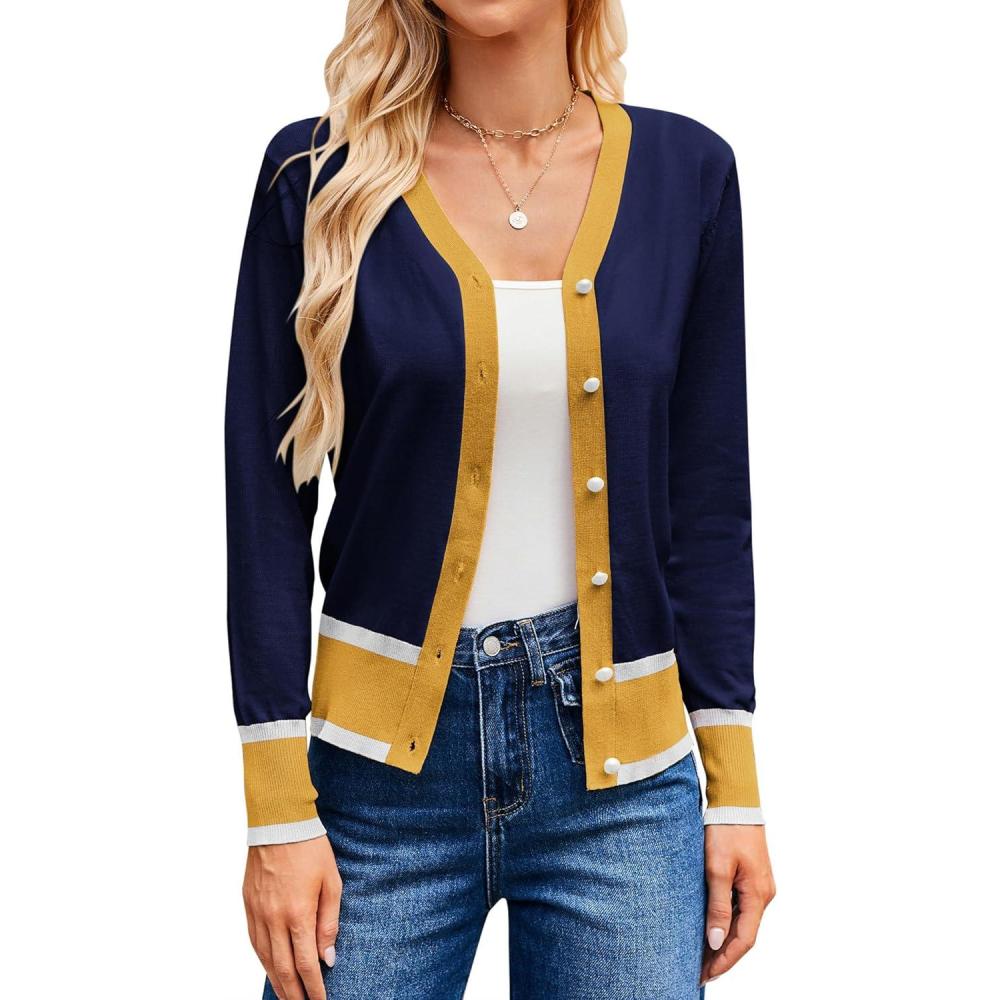 imageGRACE KARIN Womens Cardigan Sweaters Lightweight Long Sleeve Cropped Cardigan Spring Summer Fashion Clothing Outfits ShrugNavy Yellow