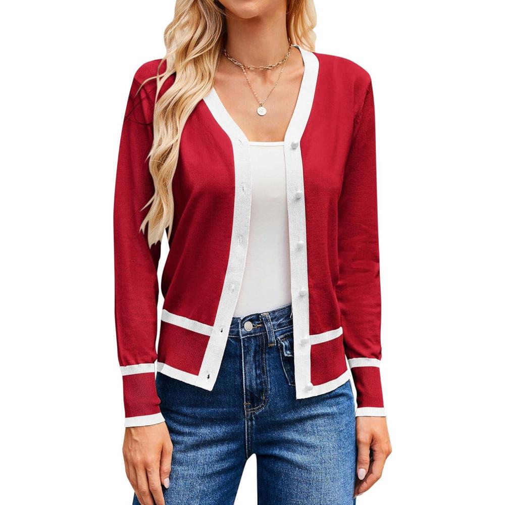 imageGRACE KARIN Womens Cardigan Sweaters Lightweight Long Sleeve Cropped Cardigan Spring Summer Fashion Clothing Outfits ShrugRed White