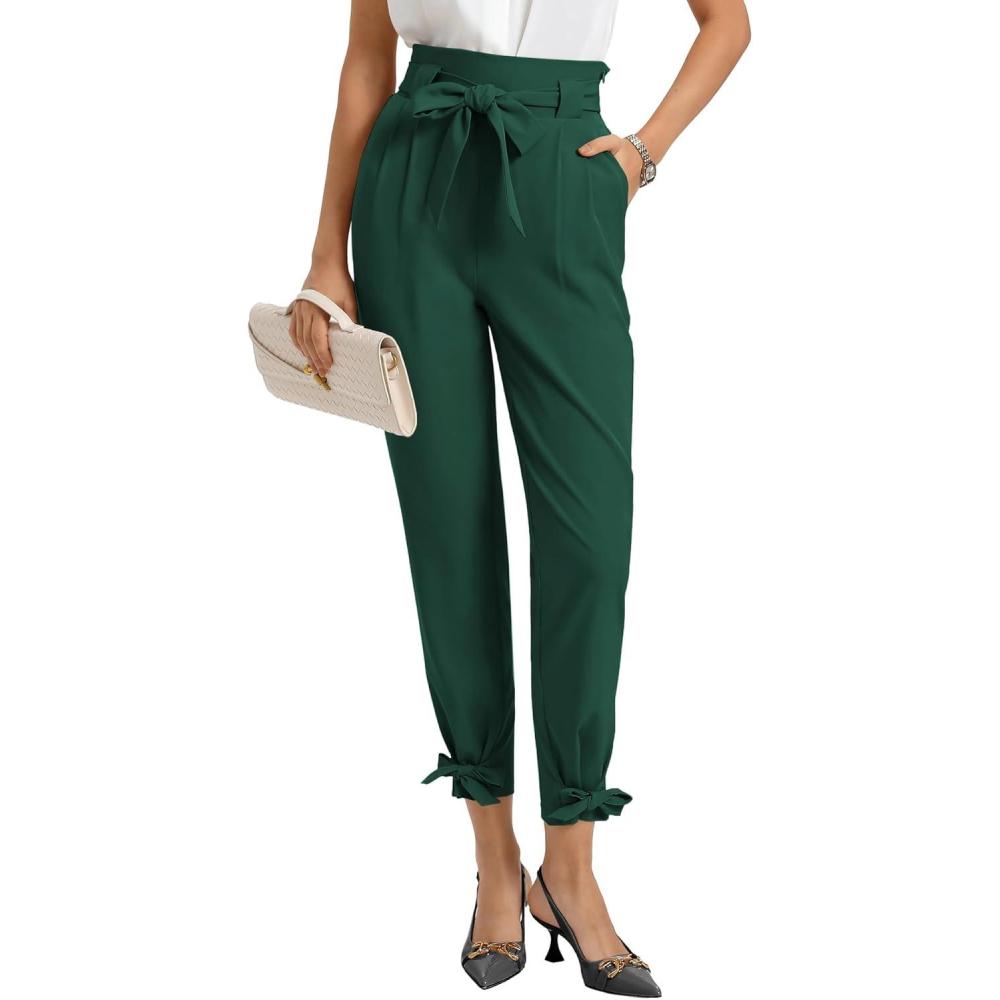imageGRACE KARIN Womens Casual High Waist Pencil Pants with Pockets BowKnot Cropped Paper Bag Pants for WorkDark Green