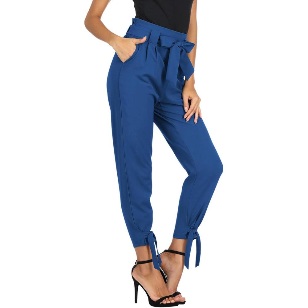 imageGRACE KARIN Womens Casual High Waist Pencil Pants with Pockets BowKnot Cropped Paper Bag Pants for WorkRoyal Blue