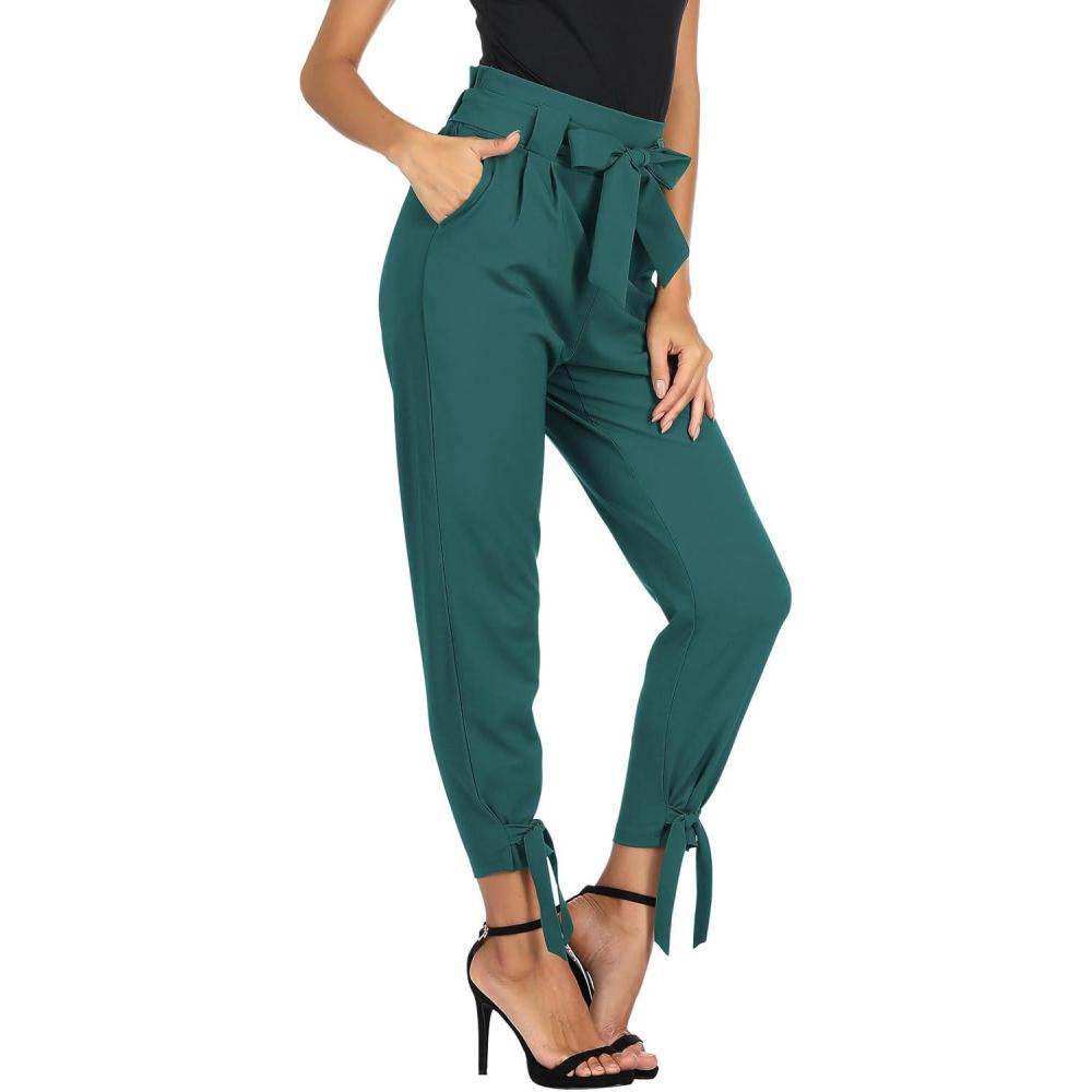 imageGRACE KARIN Womens Casual High Waist Pencil Pants with Pockets BowKnot Cropped Paper Bag Pants for WorkTeal Bule