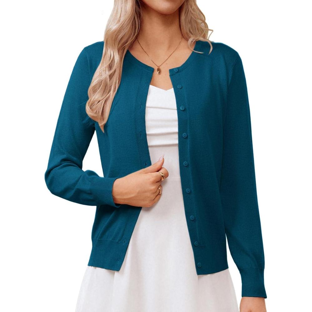 imageGRACE KARIN Womens Classic Long Sleeve Knit Cardigan Sweaters Casual Open Front Button Down Cardigans S3XLPeacock Blue