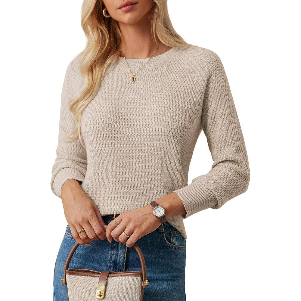 imageGRACE KARIN Womens Fall Knit Sweater Top Long Sleeve Merino Wool Blend Pullover Casual Crewneck Waffle Clothes 2025Apricot