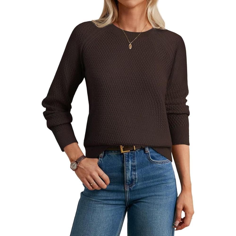 imageGRACE KARIN Womens Fall Knit Sweater Top Long Sleeve Merino Wool Blend Pullover Casual Crewneck Waffle Clothes 2025Deep Brown