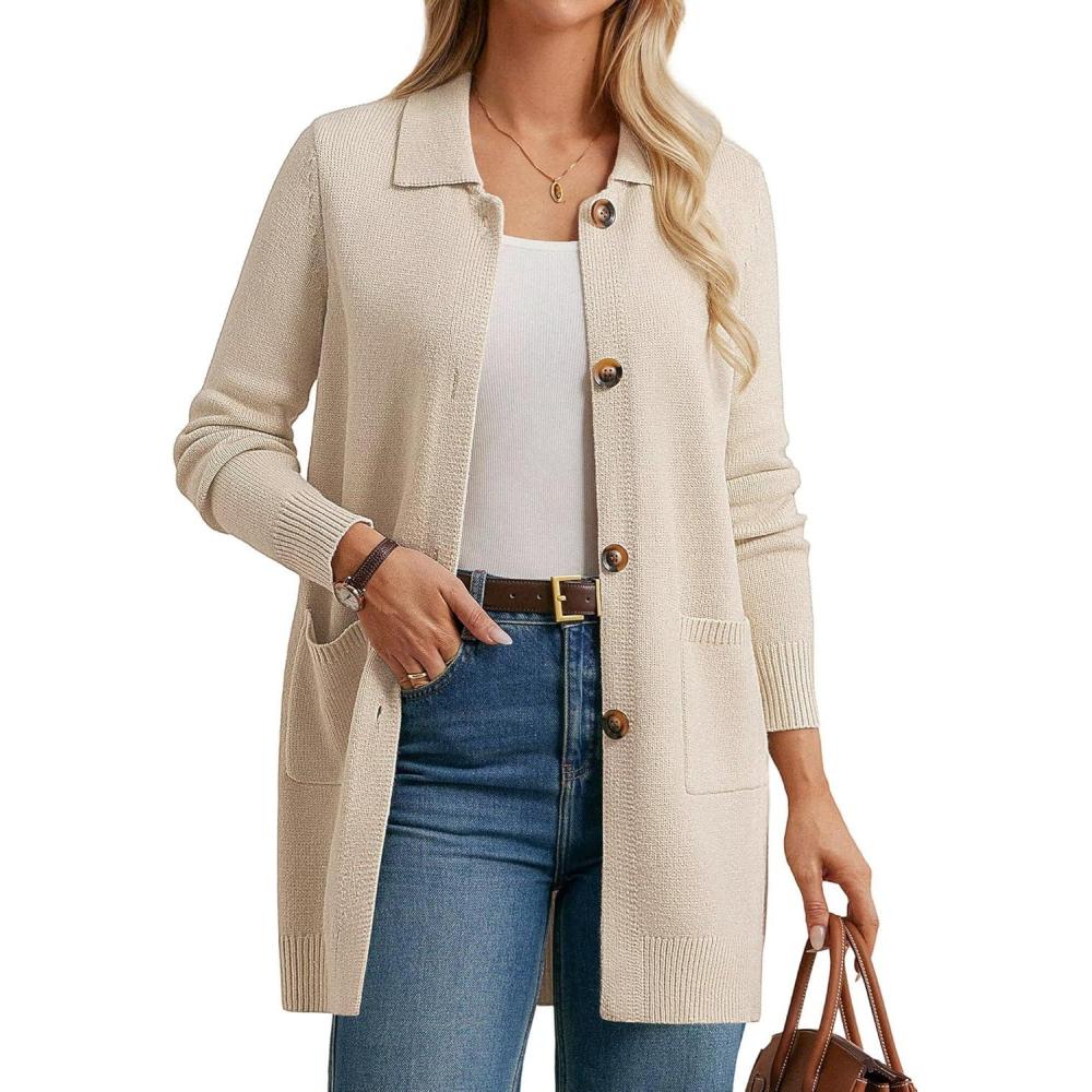 imageGRACE KARIN Womens Fall Long Cardigan Sweaters with Pockets Button Knit Blazer Trendy Open Front Dressy Casual JacketApricot