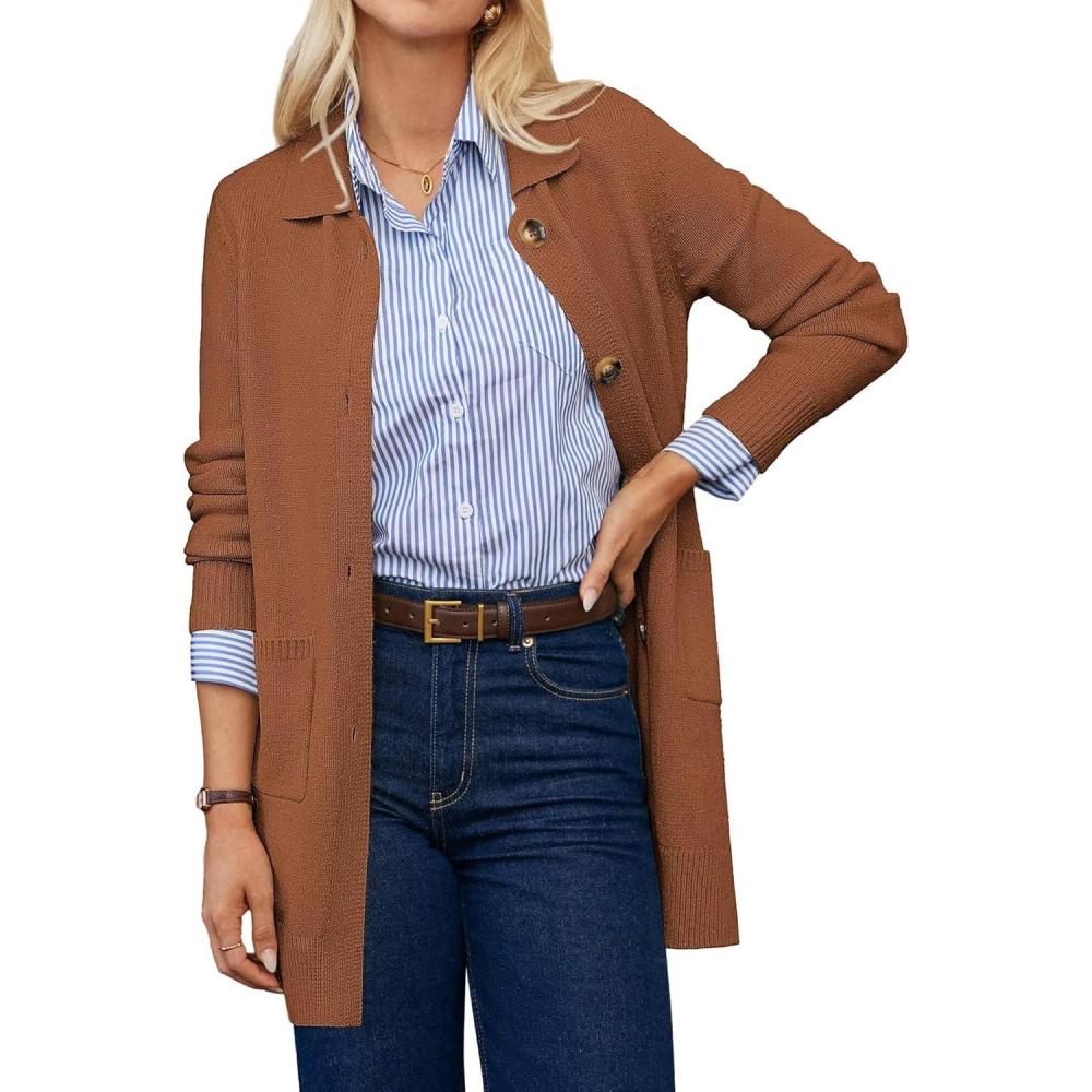 imageGRACE KARIN Womens Fall Long Cardigan Sweaters with Pockets Button Knit Blazer Trendy Open Front Dressy Casual JacketCaramel