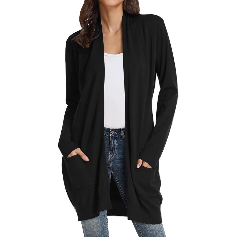 imageGRACE KARIN Womens Long Cardigan Sweater Open Front Classic Knitted Lightweight Sweater Coat with PocketsBlack