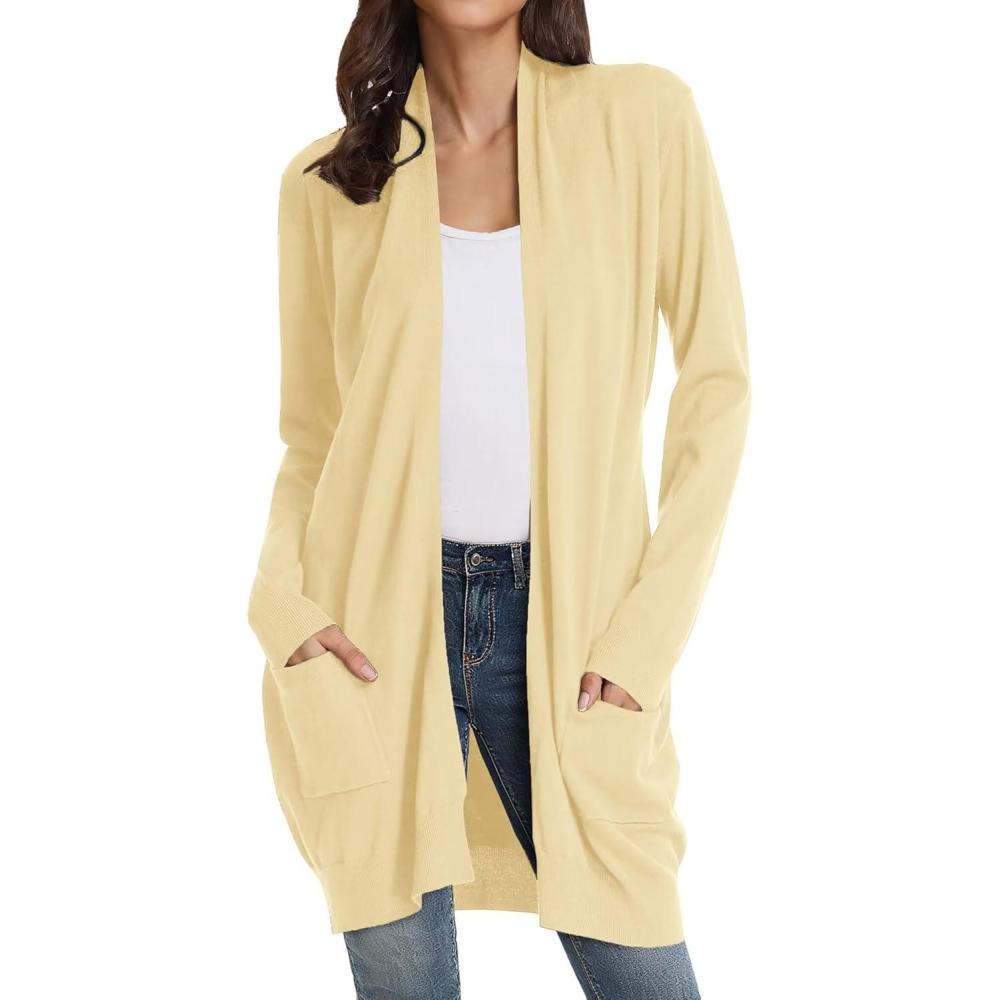 imageGRACE KARIN Womens Long Cardigan Sweater Open Front Classic Knitted Lightweight Sweater Coat with PocketsLight Yellow