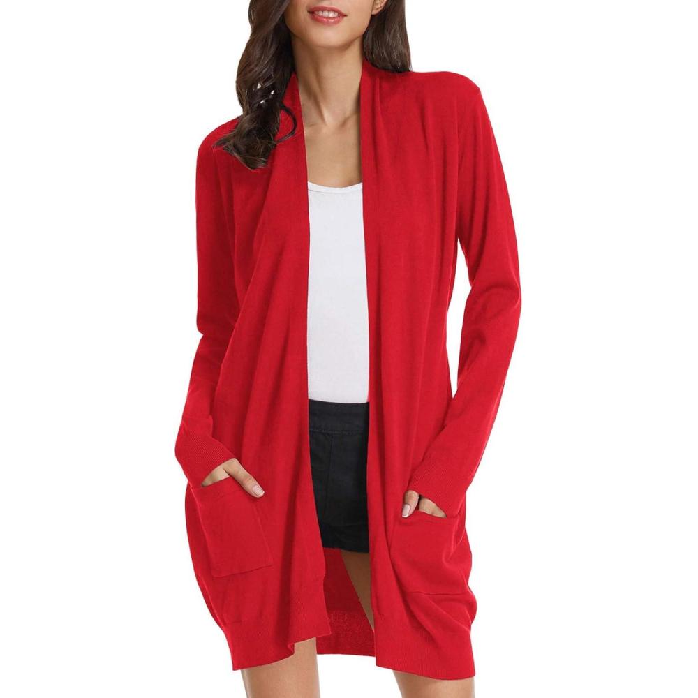 imageGRACE KARIN Womens Long Cardigan Sweater Open Front Classic Knitted Lightweight Sweater Coat with PocketsRed