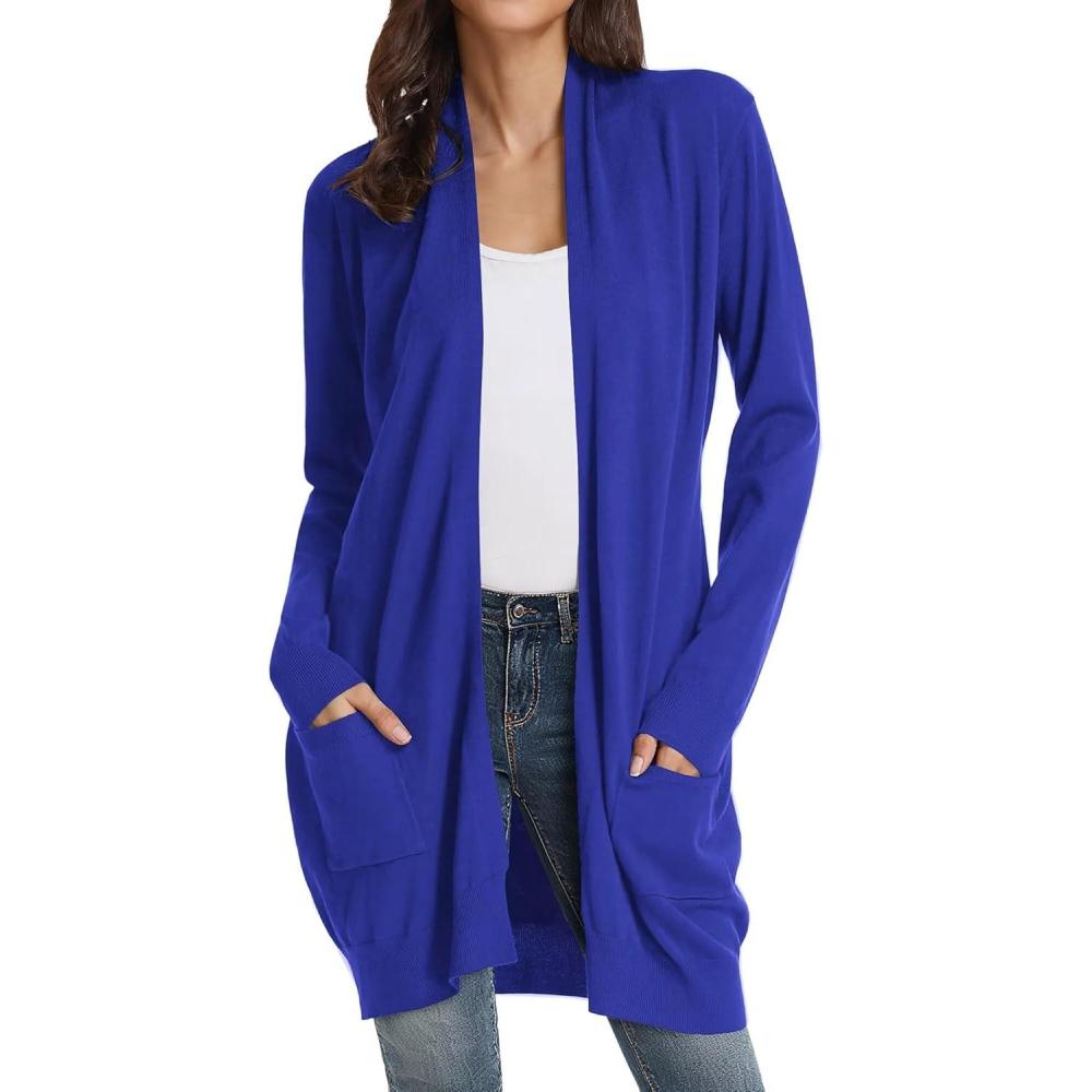 imageGRACE KARIN Womens Long Cardigan Sweater Open Front Classic Knitted Lightweight Sweater Coat with PocketsRoyal Blue