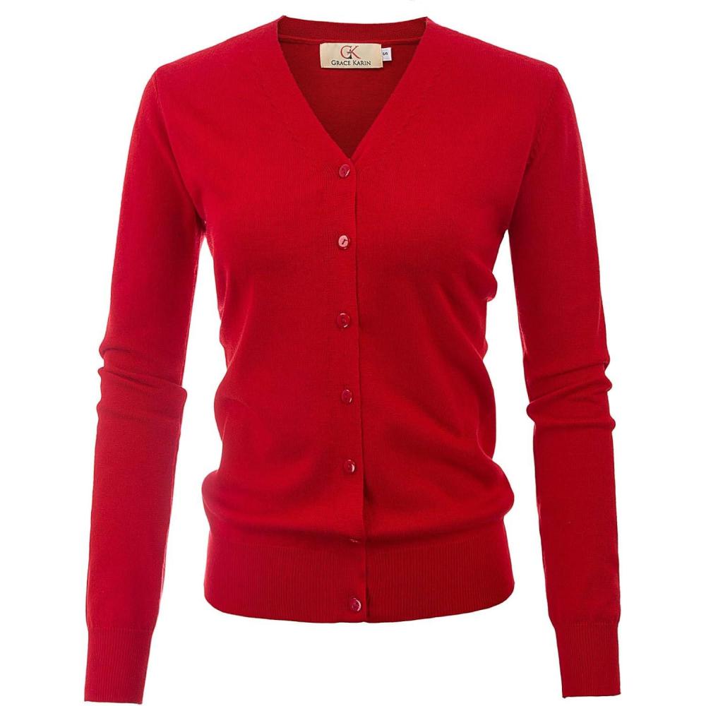 imageGRACE KARIN Womens Long Sleeve Button Down Vee Neck Classic Sweater Knit CardiganClassic Red