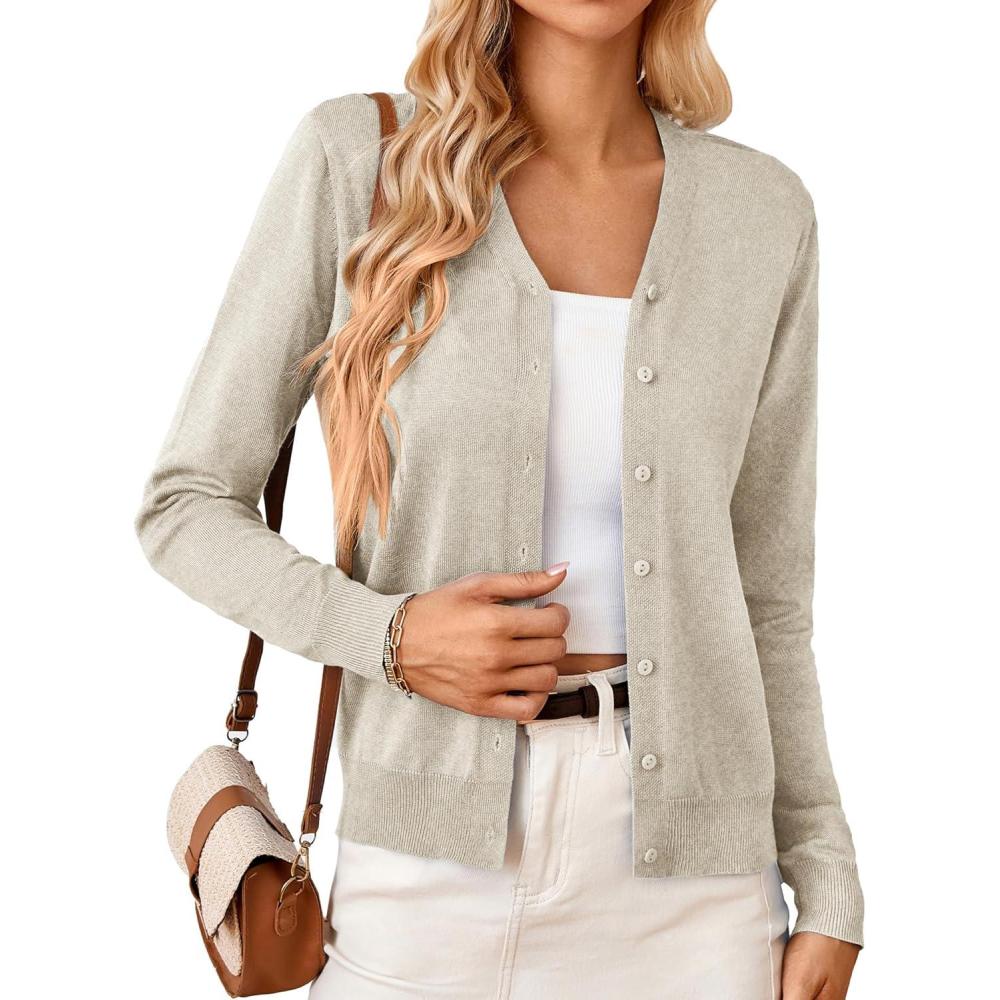 imageGRACE KARIN Womens Long Sleeve Button Down Vee Neck Classic Sweater Knit CardiganLight Apricot Heather