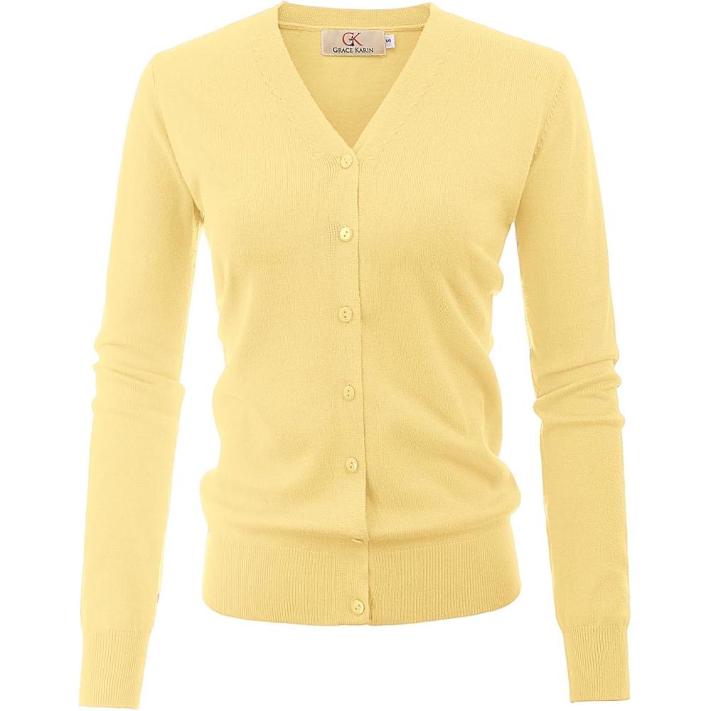 imageGRACE KARIN Womens Long Sleeve Button Down Vee Neck Classic Sweater Knit CardiganLight Yellow