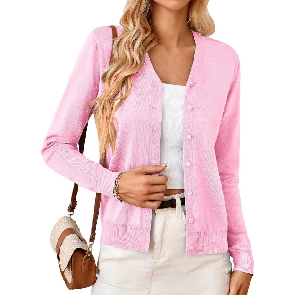 imageGRACE KARIN Womens Long Sleeve Button Down Vee Neck Classic Sweater Knit CardiganPink