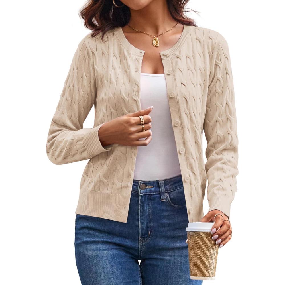 imageGRACE KARIN Womens Long Sleeve Button Up Cable Knit Cardigan Lightweight 2026 Crewneck Button Down Sweaters for WomenApricot