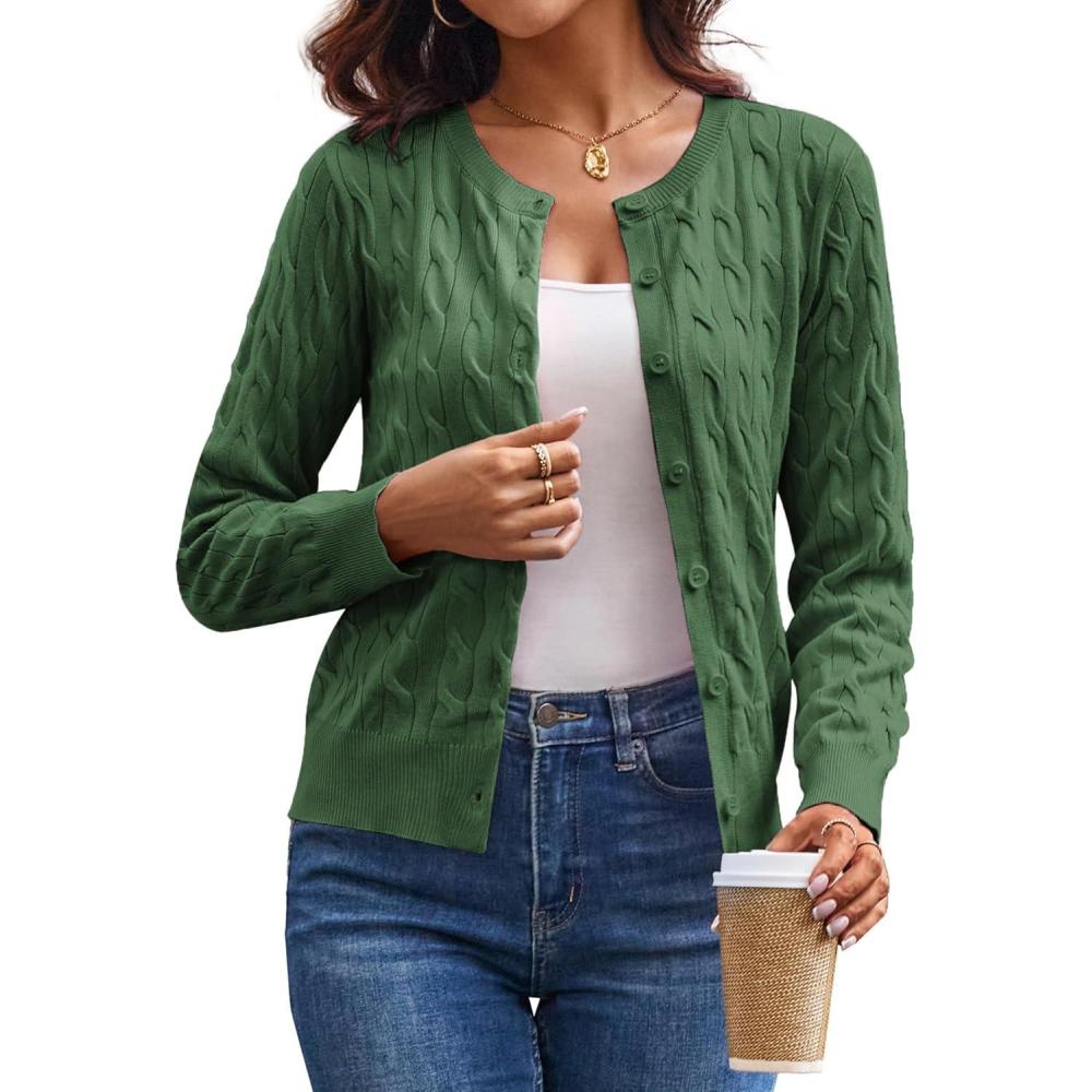 imageGRACE KARIN Womens Long Sleeve Button Up Cable Knit Cardigan Lightweight 2026 Crewneck Button Down Sweaters for WomenArmy Green