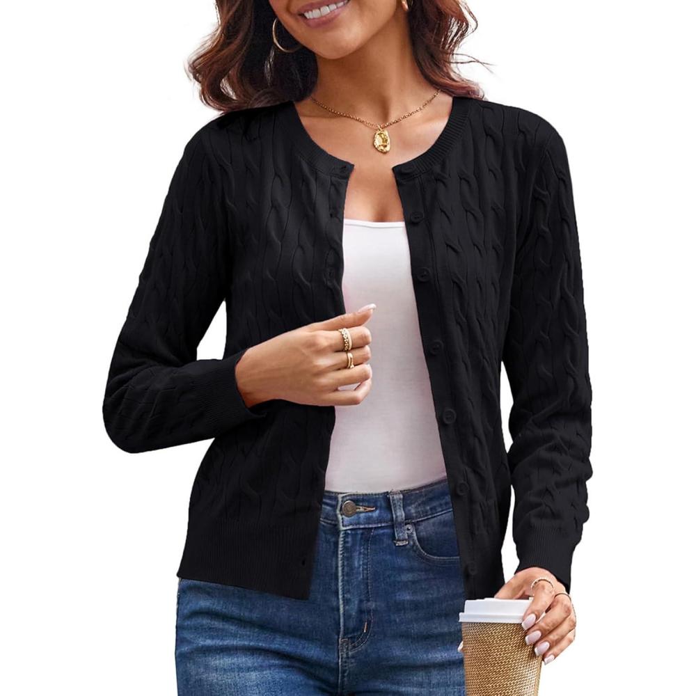 imageGRACE KARIN Womens Long Sleeve Button Up Cable Knit Cardigan Lightweight 2026 Crewneck Button Down Sweaters for WomenBlack