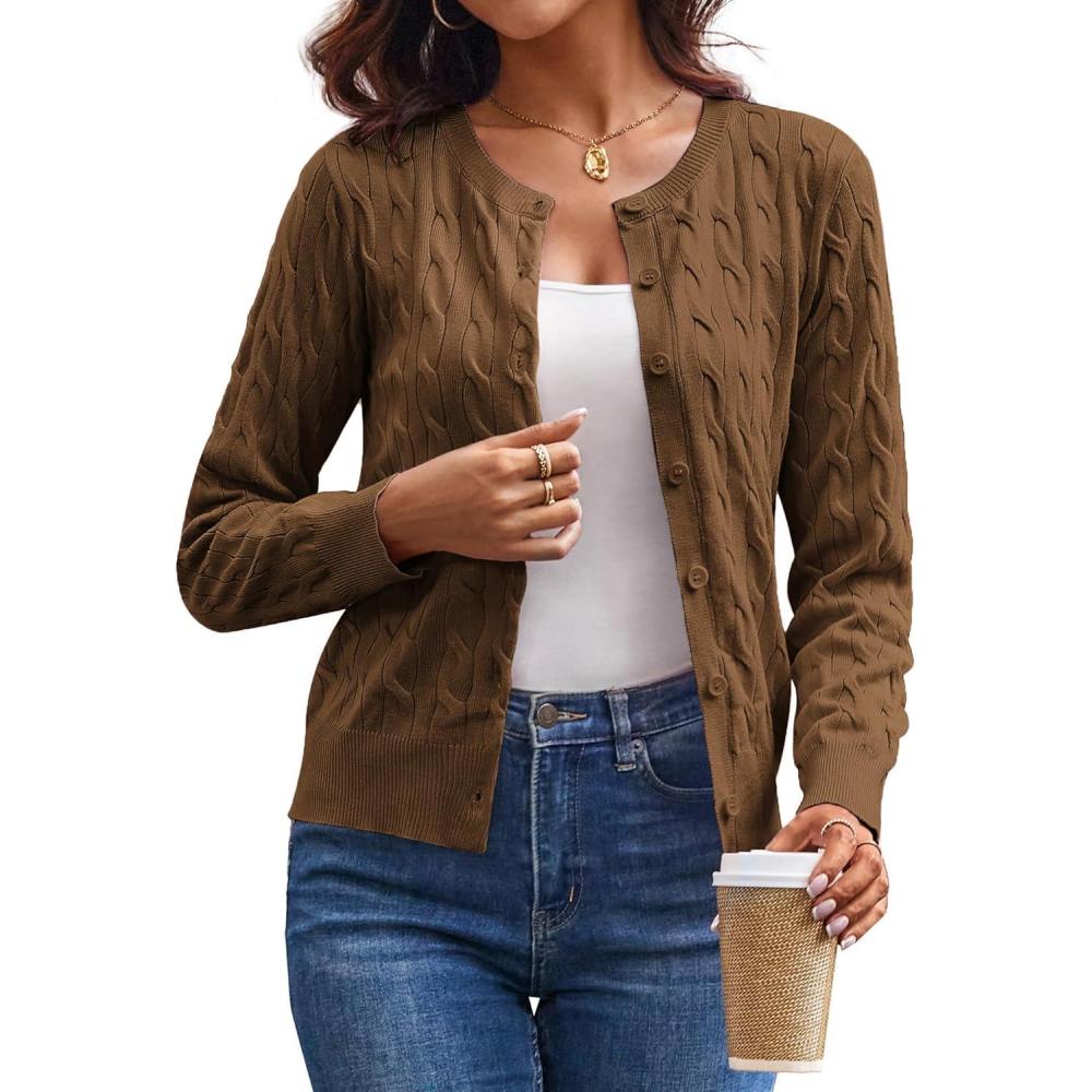 imageGRACE KARIN Womens Long Sleeve Button Up Cable Knit Cardigan Lightweight 2026 Crewneck Button Down Sweaters for WomenBrown