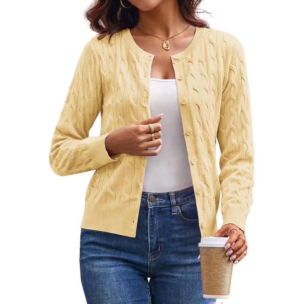 imageGRACE KARIN Womens Long Sleeve Button Up Cable Knit Cardigan Lightweight 2026 Crewneck Button Down Sweaters for WomenButter Yellow