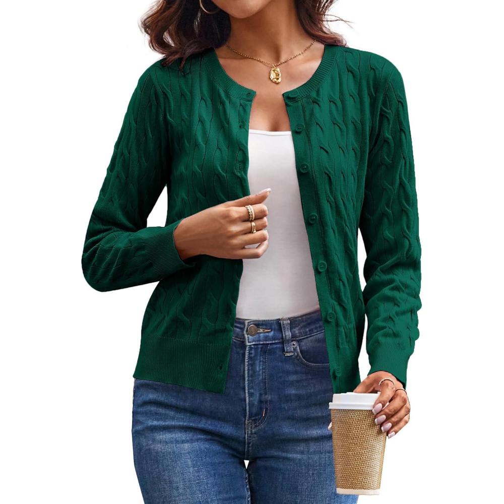 imageGRACE KARIN Womens Long Sleeve Button Up Cable Knit Cardigan Lightweight 2026 Crewneck Button Down Sweaters for WomenDark Green