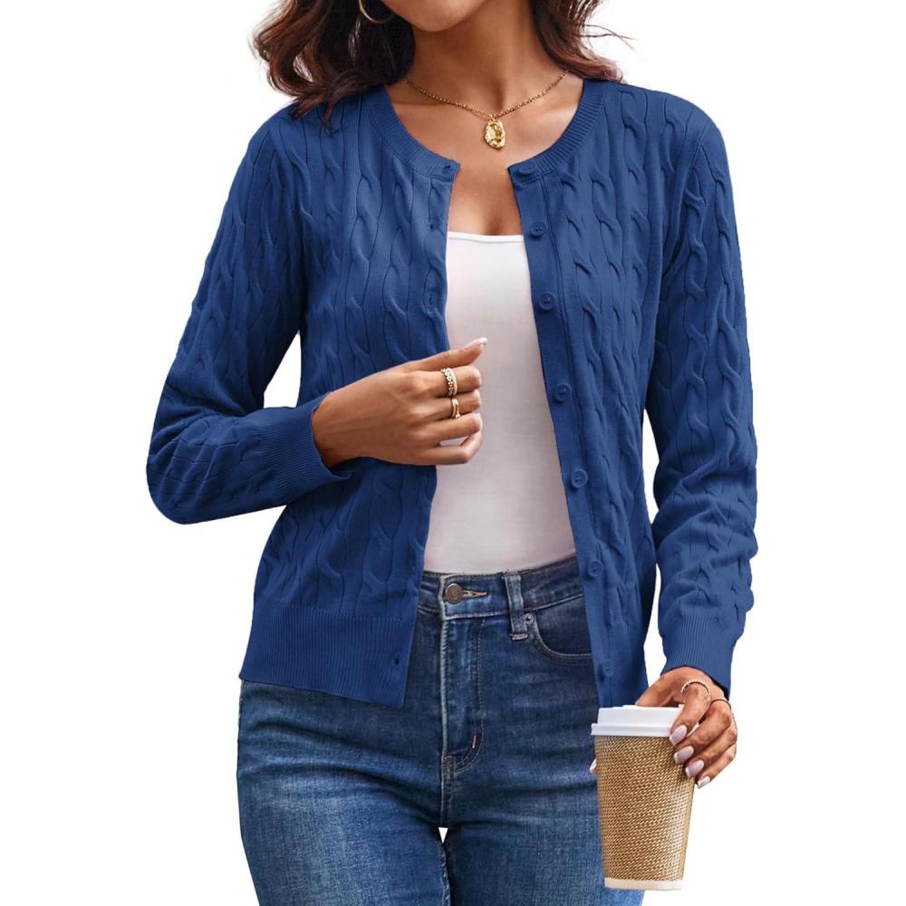 imageGRACE KARIN Womens Long Sleeve Button Up Cable Knit Cardigan Lightweight 2026 Crewneck Button Down Sweaters for WomenDenim Blue