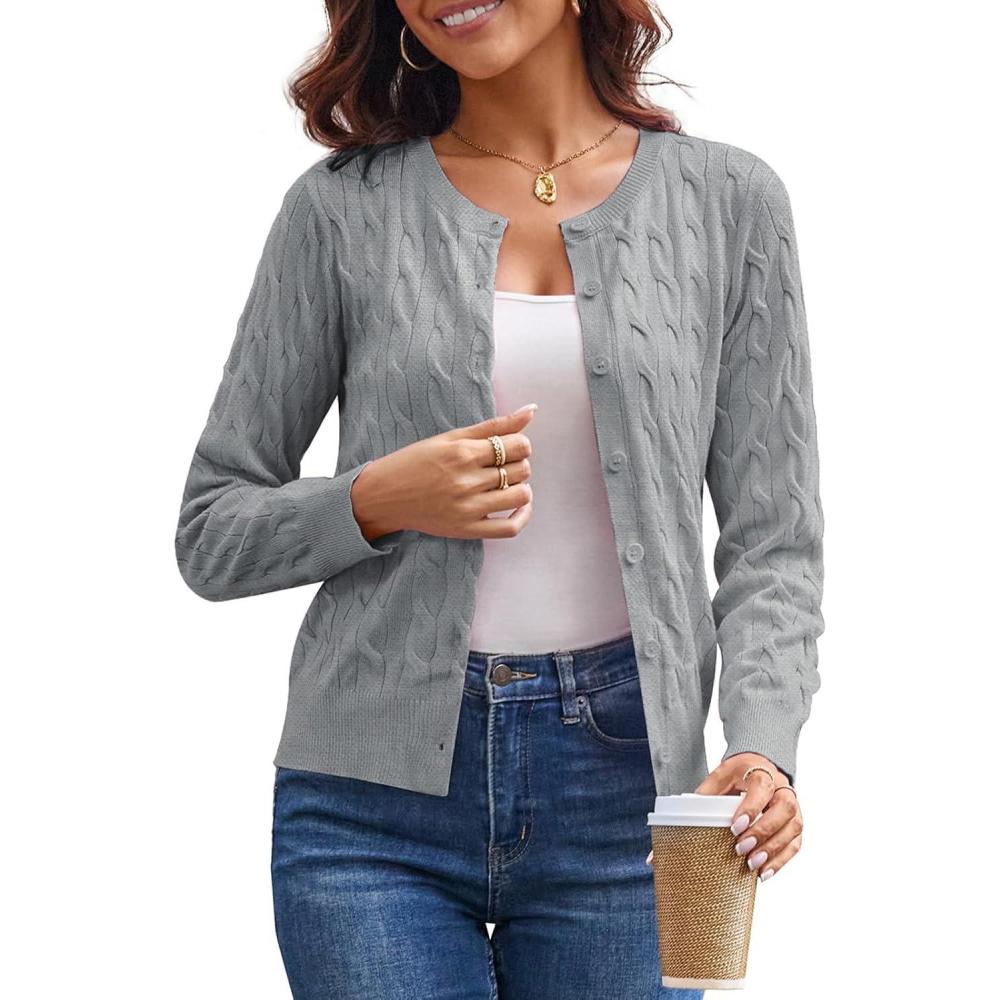 imageGRACE KARIN Womens Long Sleeve Button Up Cable Knit Cardigan Lightweight 2026 Crewneck Button Down Sweaters for WomenHeather Grey