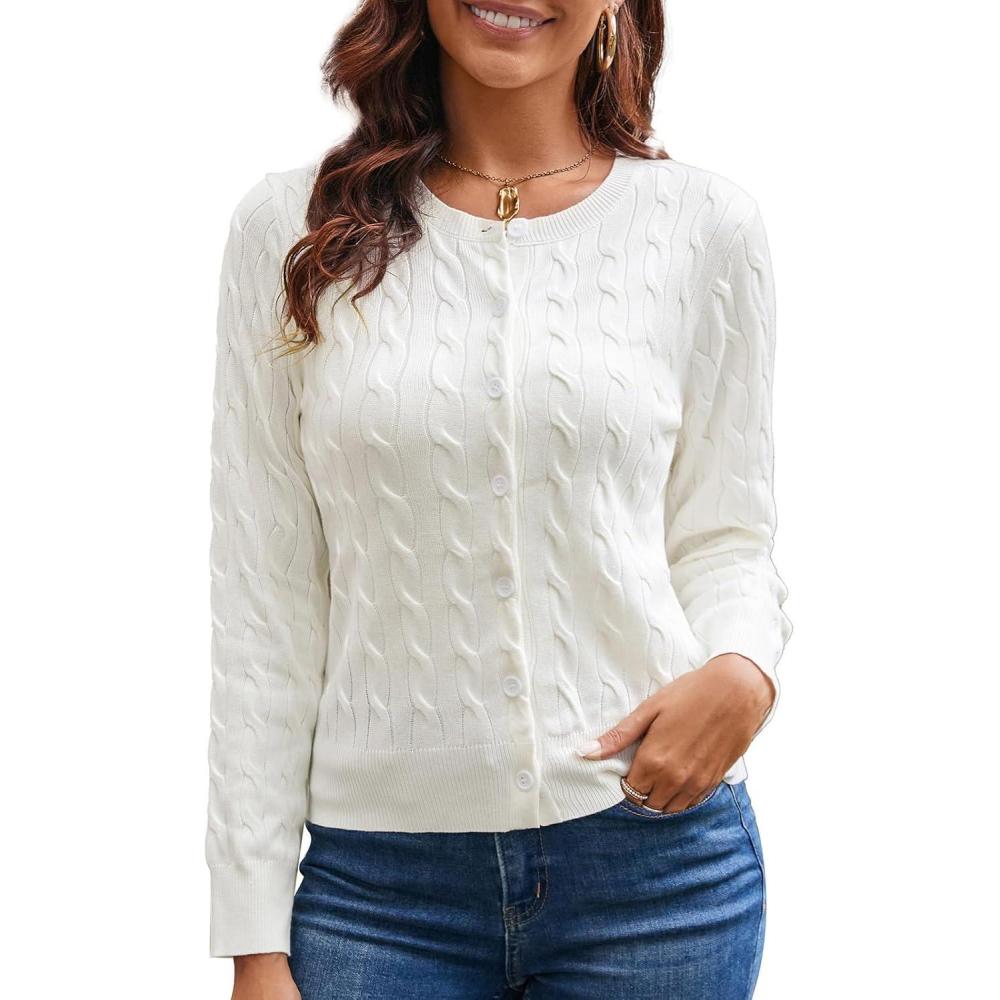 imageGRACE KARIN Womens Long Sleeve Button Up Cable Knit Cardigan Lightweight 2026 Crewneck Button Down Sweaters for WomenIvory White