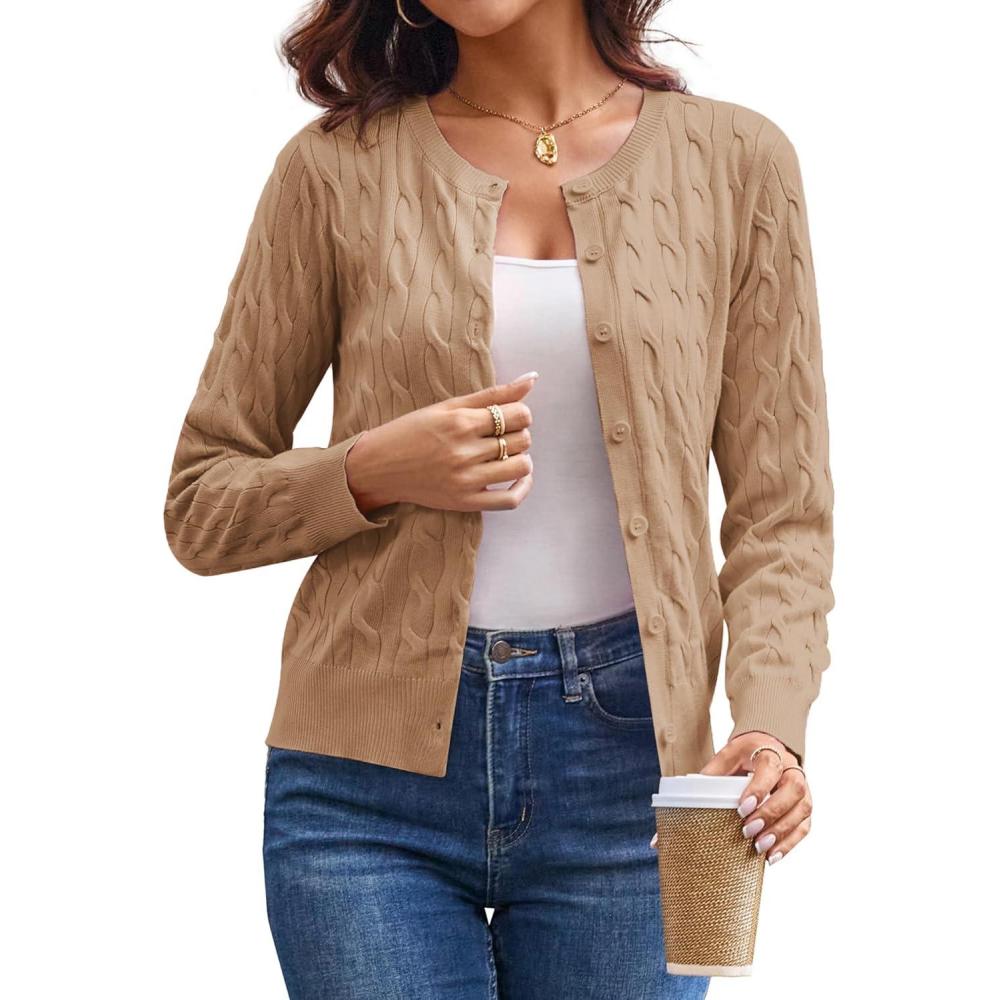 imageGRACE KARIN Womens Long Sleeve Button Up Cable Knit Cardigan Lightweight 2026 Crewneck Button Down Sweaters for WomenLight Khaki