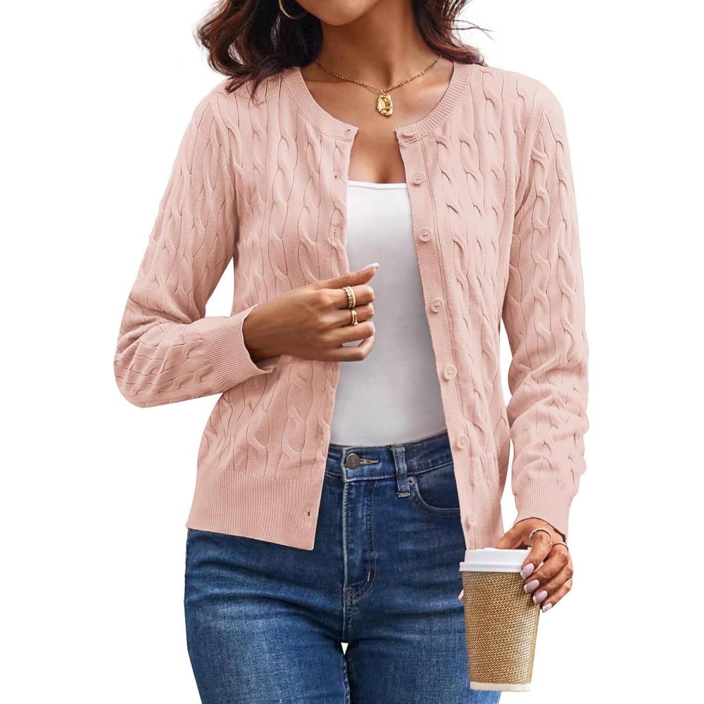 imageGRACE KARIN Womens Long Sleeve Button Up Cable Knit Cardigan Lightweight 2026 Crewneck Button Down Sweaters for WomenLight Pink