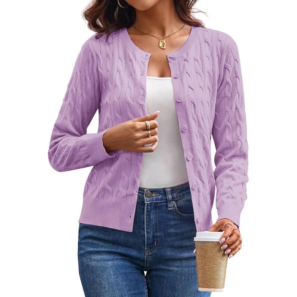 imageGRACE KARIN Womens Long Sleeve Button Up Cable Knit Cardigan Lightweight 2026 Crewneck Button Down Sweaters for WomenLight Purple