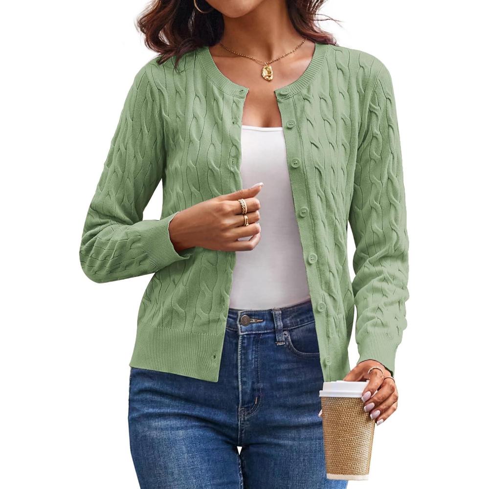 imageGRACE KARIN Womens Long Sleeve Button Up Cable Knit Cardigan Lightweight 2026 Crewneck Button Down Sweaters for WomenLight Sage Green