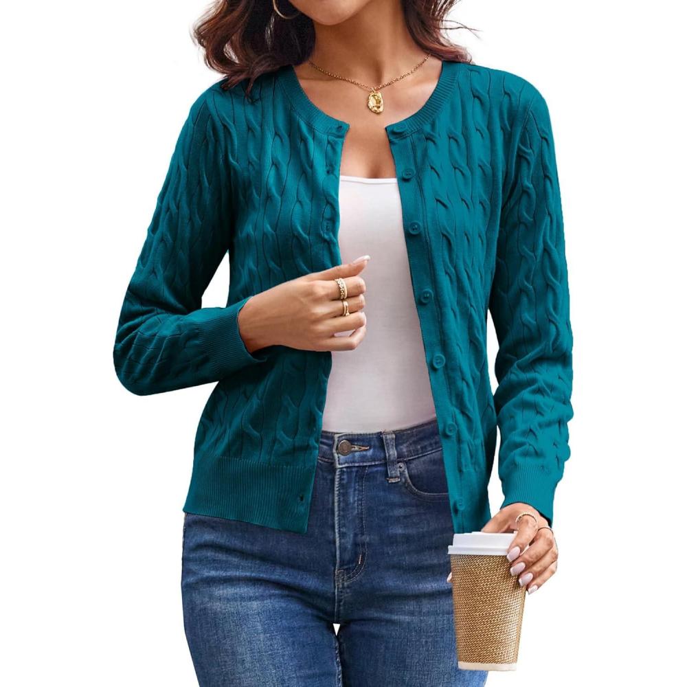 imageGRACE KARIN Womens Long Sleeve Button Up Cable Knit Cardigan Lightweight 2026 Crewneck Button Down Sweaters for WomenPeacock Blue