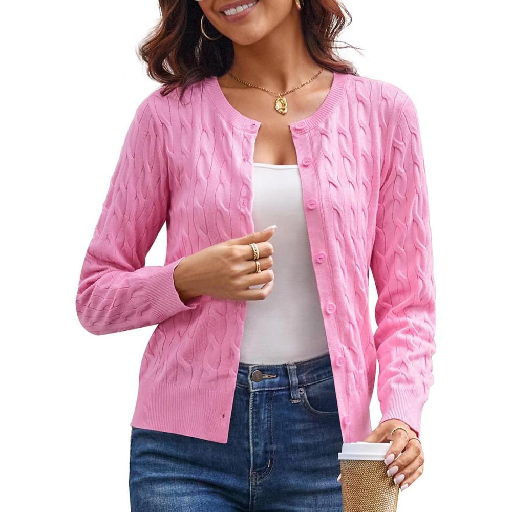 imageGRACE KARIN Womens Long Sleeve Button Up Cable Knit Cardigan Lightweight 2026 Crewneck Button Down Sweaters for WomenPink