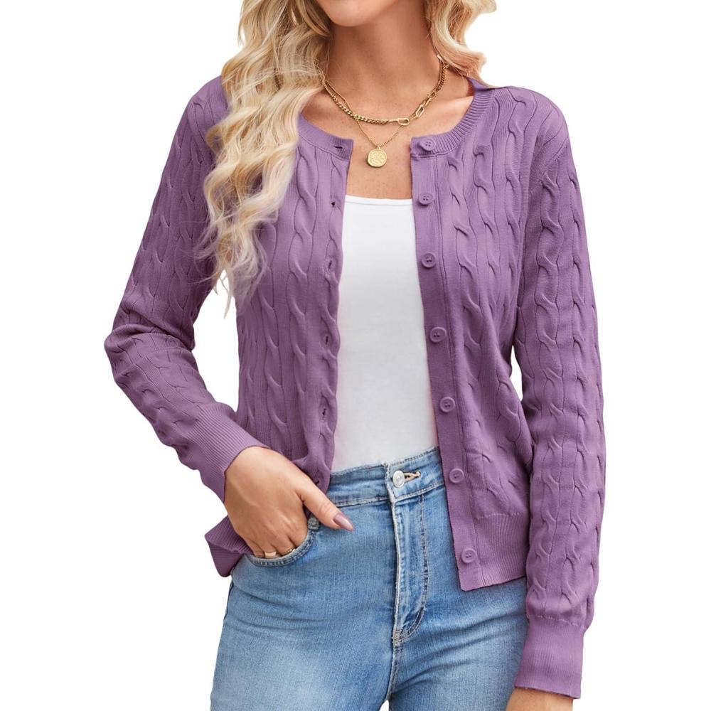 imageGRACE KARIN Womens Long Sleeve Button Up Cable Knit Cardigan Lightweight 2026 Crewneck Button Down Sweaters for WomenPurple