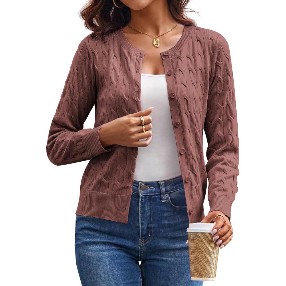 imageGRACE KARIN Womens Long Sleeve Button Up Cable Knit Cardigan Lightweight 2026 Crewneck Button Down Sweaters for WomenRose Taupe
